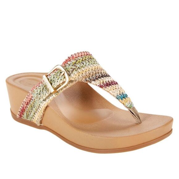 Aetrex Kate Orthotic Thong Wedge Sandal Flip Flops Multi Woven Boho Buckle 6-6.5 - Picture 1 of 11